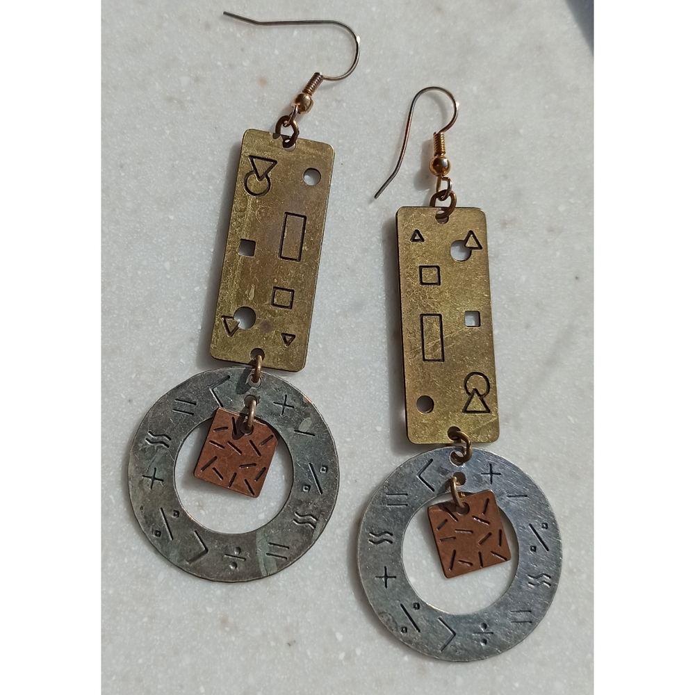 Mixed Metal Geometric Math Designed Dangle Earrings - Signed NP (c)